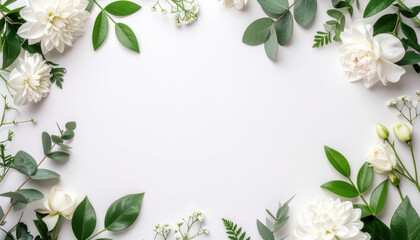 White flower green leaf minimalist background border floral arrangement nature fresh botanical elegant soft