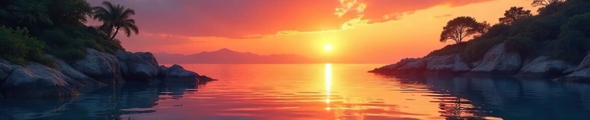 Obraz premium Serene summer cove at sunset, tranquil waters reflecting the fiery sky Perfect for travel, vacation, and nature-themed projects Ideal for illustrating peace and relaxation , peaceful, ray, sand