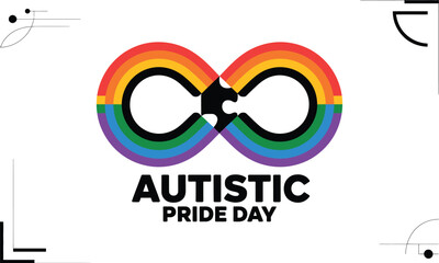 Autistic pride day graphic with rainbow infinity symbol and puzzle piece connection on a white background