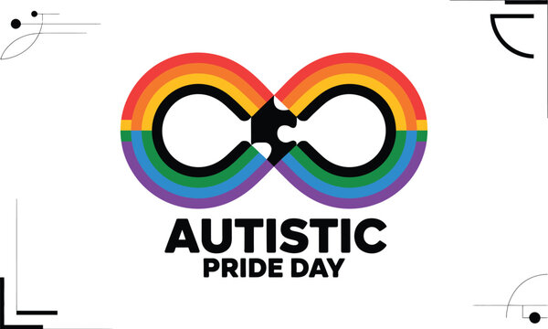 Autistic pride day graphic with rainbow infinity symbol and puzzle piece connection on a white background