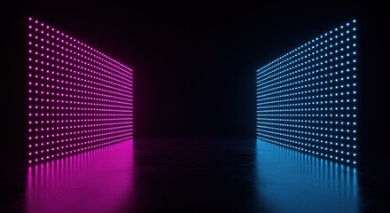 Abstract blue and pink glowing wall with reflection on black background