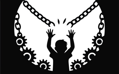 Silhouette of a child reaching for broken chains surrounded by gears in a black and white graphic