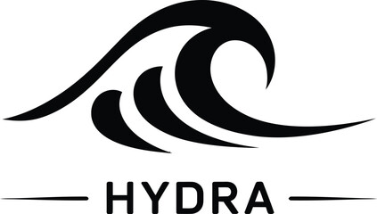 A stylized black wave design above the word hydra centered between two horizontal lines on light gray