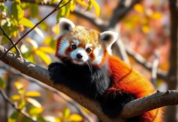 A fluffy red panda perched on a sun-drenched tree branch,  adorable,  climbing