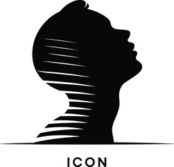 A stylized monochrome icon featuring a silhouetted head with horizontal line details looking upward