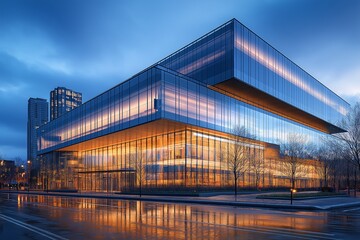 Fototapeta premium Modern Urban Architecture and Metropolitan Skyline at Blue Hour. Aesthetic Dusk Cityscape with Glass Facade Reflections and Illuminated High-Rises