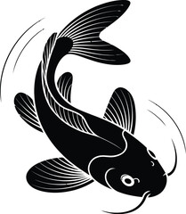 A black and white illustration of a koi fish swimming with curved lines around it on a light background