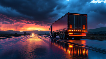 Fototapeta premium Global supply chain resilience truck transport on a rainy road at sunset