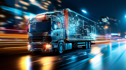 Fototapeta premium Global supply chain resilience action-packed trucking event at night in urban environment