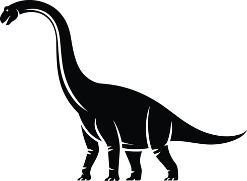 A black silhouette of a sauropod dinosaur with a long neck standing on a white background illustration