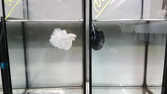 Betta fish male Fancy White Platinum and Dark Blue Halfmoon long tails from Thailand, Siamese fighting fish isolated on Grey Background