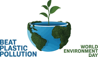 A graphic showing a blue earth with green continents and a plant growing out of it for environment day