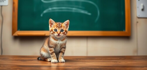 Adorable kitten perched on wooden table beside green chalkboard, tortie, furry