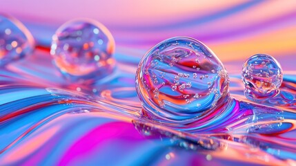 Abstract, colorful, liquid spheres.  Mirrored, translucent,  bubble-like drops.  Vibrant hues of pink, blue, orange