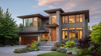 Modern suburban house exterior with clean architectural lines, soft golden hour lighting, and blurred greenery foreground for peaceful residential design concept