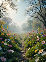 garden of a spring meadow, teeming with verdant life, blooming flowers, and exuberant revelry, encapsulates wondrous reawakening of existence