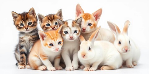 Fototapeta premium Adorable kittens, puppies, and bunnies huddle together on a pristine white background, marketing, pets