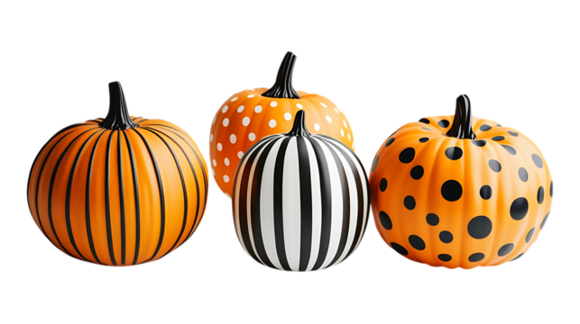 Four pumpkins with stripes and dots on a black background on transparent background