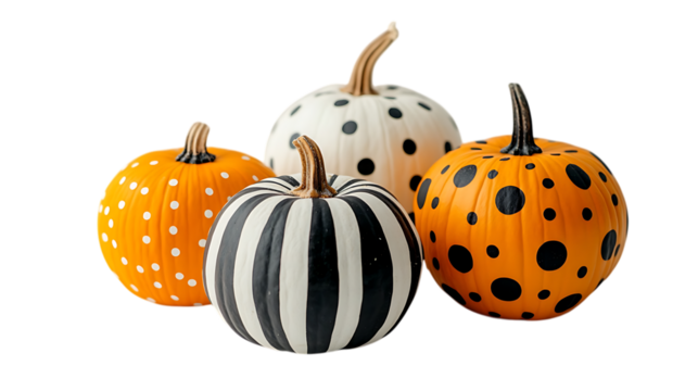 Decorative painted pumpkins in a group on black background on transparent background