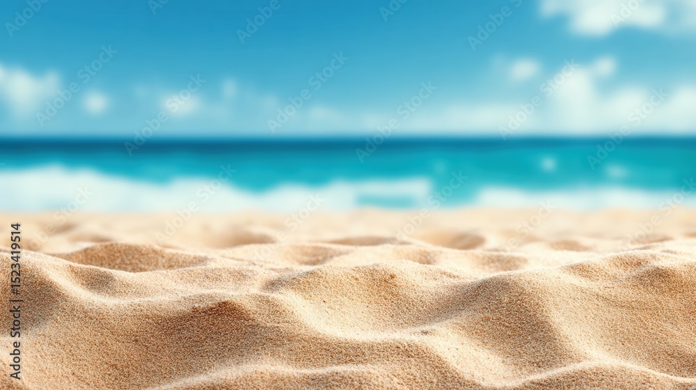 Poster close up view of rippled sand on a beach, creating a serene summer vacation atmosphere with blurred 