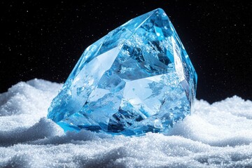 Obraz premium Azure crystal resting on snow, dark background