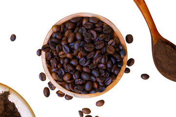 coffee beans in a wooden cup isolated on white