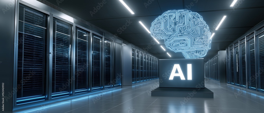 Poster futuristic ai data center illuminated by blue lights, featuring floating chip and holographic brains