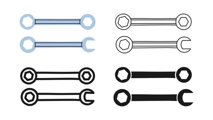 Wrench icon symbol set. Modern spanner repair tool builder mechanic, plumber. Construction mechanical maintain metal tool sign professional stylized simple cartoon vector illustration