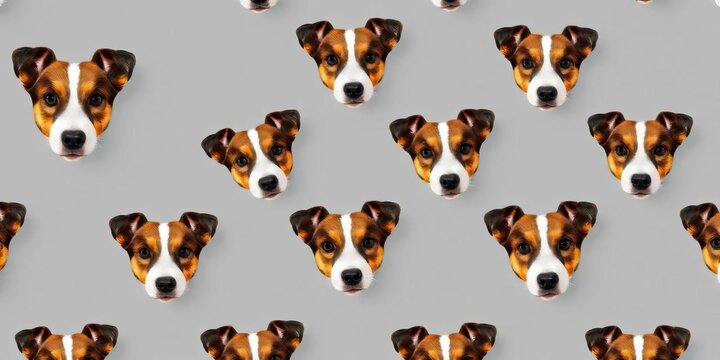 Close-up repeating pattern of Jack Russell Terrier dog faces on a gray background,  pattern,  photo