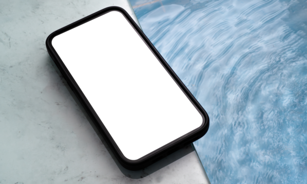 Smartphone by the pool on a beautiful sunny day with a transparent screen png - Powered by Adobe