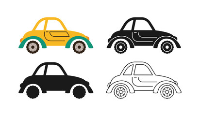 Simple retro Car icon symbol cartoon set. Hand drawn cute automobile car in different styles colored, silhouette, outline kid collection. Simple funny auto beetle transport icon vector illustration