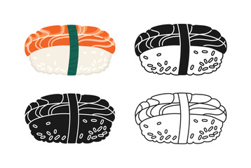 Sushi Nigiri with salmon symbol cartoon set. Traditional Asian Japanese food linear doodle icon. Sushi seafood vector illustration. Stylized doodle design sign for oriental menu, cafe, bar, restaurant