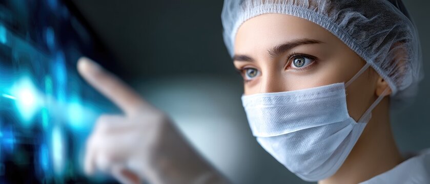 A healthcare professional wearing a mask and cap interacts with a digital touchscreen in a modern medical setting.