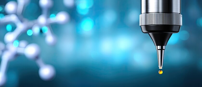A metal pipette releases a liquid droplet with a molecular structure in the blurred blue background.