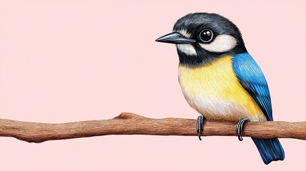 Obraz premium Pixelated Blue and Yellow Bird on Branch Light Pink Background