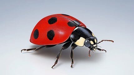 Fototapeta premium Detailed Close Up of a Red Ladybug with Black Spots on Light Grey Background