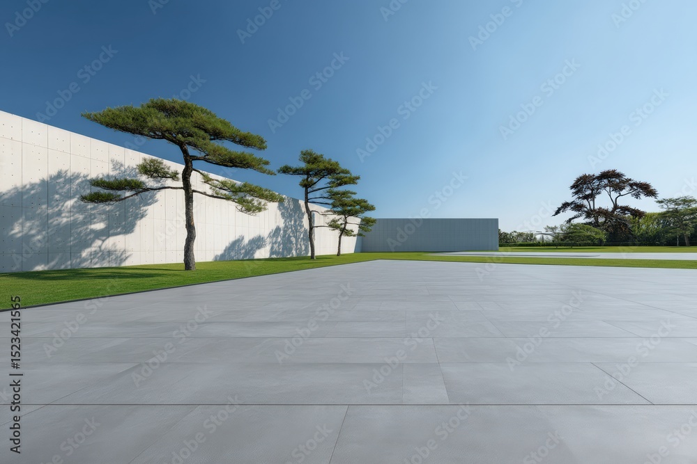 Poster large empty paved area in front of a modern minimalist white concrete building with pine trees and g