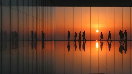 People walking in a glass walled area at sunset