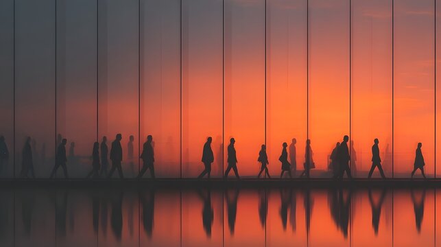 People walking through a glass walled area at sunset
