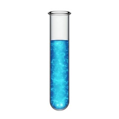 A close-up view of a glass test tube with a glowing blue liquid inside. The liquid swirls within the transparent tube, creating an interesting and captivating effect