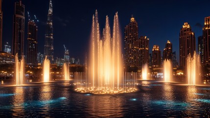 Illuminated water fountain display in Dubai with cityscape at night