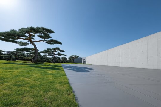 Large concrete wall rising near a japanese style garden with pine trees, green grass and a paved area, under a blue sky with the sun shining