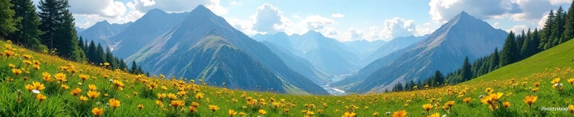 Serene mountain meadow bathed in sunlight, wildflowers blooming amidst lush green grass, towering peaks in the background offering a breathtaking vista , scenery, landscape, grass
