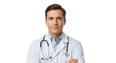 Fototapeta premium Confident doctor with stethoscope in white coat looking at camera with crossed arms on transparent background