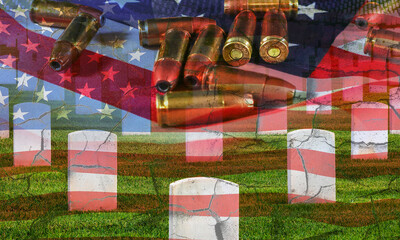 Abstract background of soldier grave, american flag and bullets.