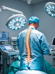 Spinal surgery. Doctor in operating room with surgery equipment. Doctor providing operation. Modern medical background
