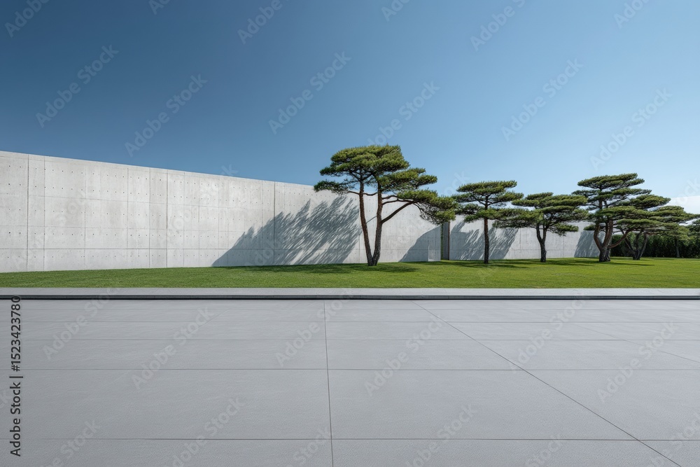 Aufkleber architectural rendering showing a concrete wall, pine trees on a lawn, and a tiled foreground under 