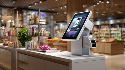 A modern point of sale system stands ready for transactions in a brightly lit retail store environment now.