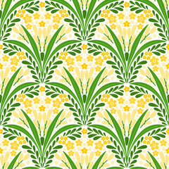 Abstract yellow flower bouquets seamless pattern. Stylized hand drawn flowers and green leaves on white background. Repeat scallop shape floral allover backdrop