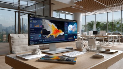Office workstation displays environmental data analysis and charts in modern open space overlooking city.